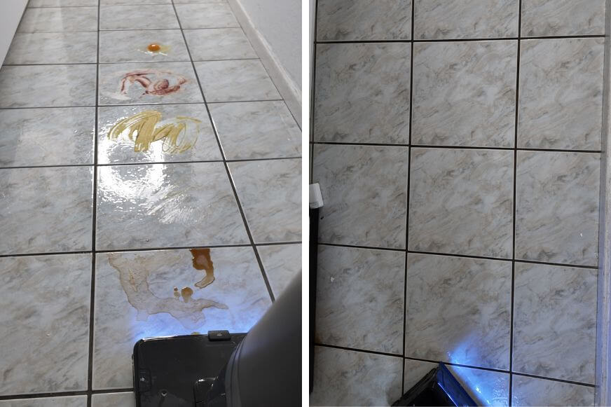 Tineco Floor One S7 Max Pro mit HydroBurst im Härte-Test, heißer Wasserstrahl löst hartnäckige Flecken sichtbar schneller und reduziert Nacharbeit gegen Ketchup, Mayo und Senf und Ei.